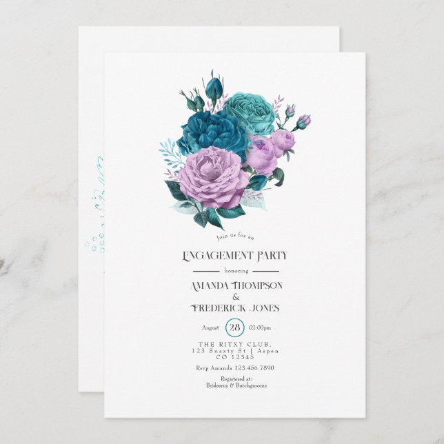 Invitation Turquoise et Lavender Floral Engagement Party (Devant / Derrière)