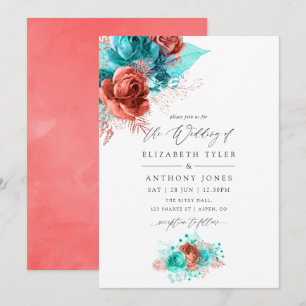 Invitation Turquoise et Mariage Floral de corail vivant