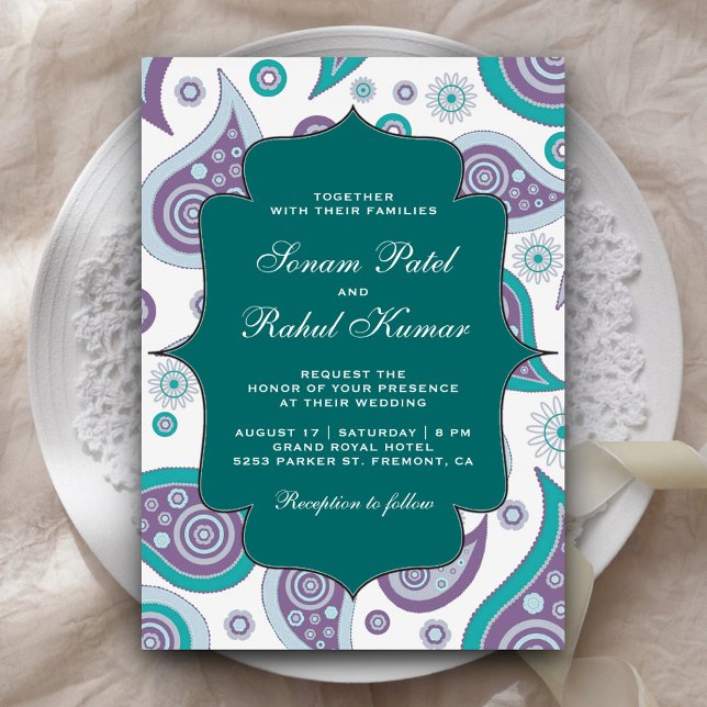 Invitation Turquoise et Mauve Paisley Motif Mariage indien (Créateur téléchargé)