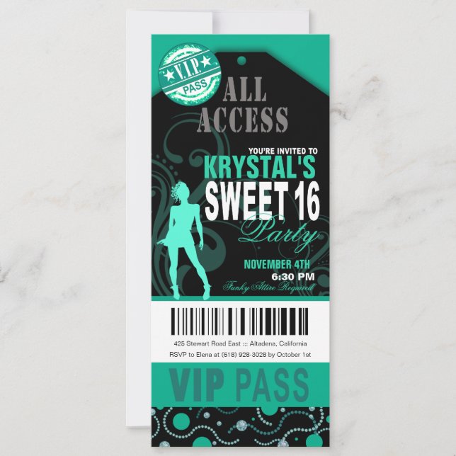 Invitation Turquoise et noir VIP Sweet 16 Ticket Party (Devant)