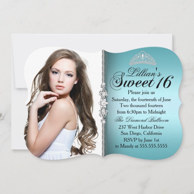 Invitation Turquoise et noire Princesse Tiara Sweet 16 Annive (Devant)