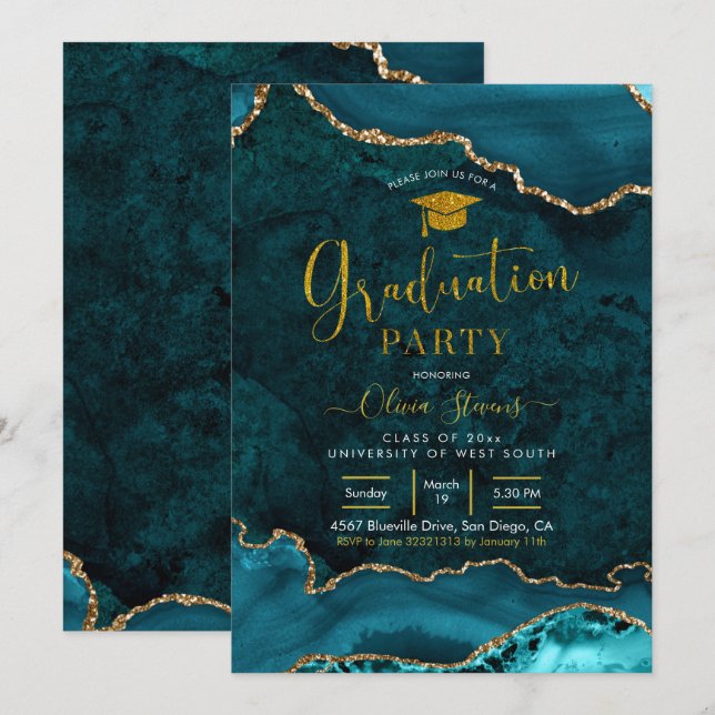 Invitation turquoise et or Agate Graduation Party (Devant / Derrière)