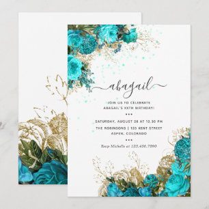 Invitation Turquoise et Or Anniversaire Floral Vintage Shabby