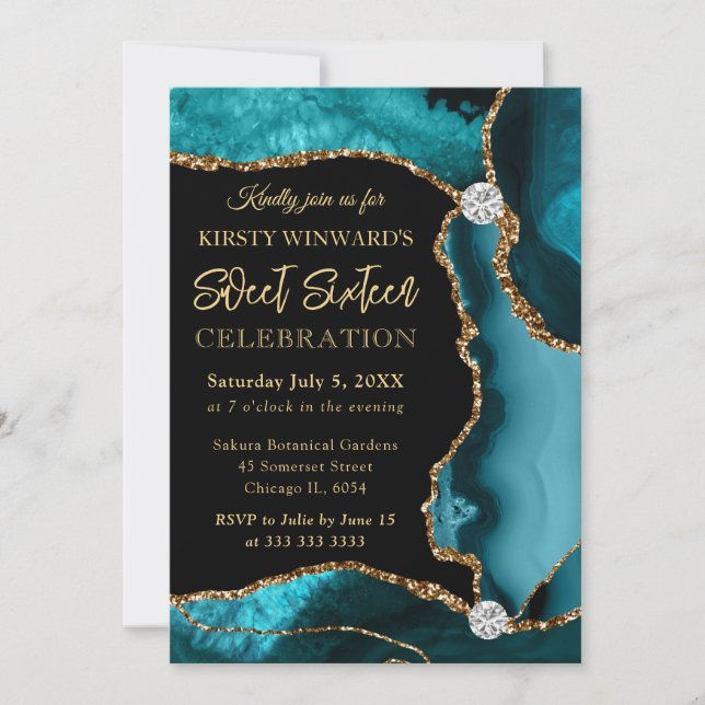 Invitation Turquoise et Or Faux Paillettes Agate Sweet 16 (Devant)