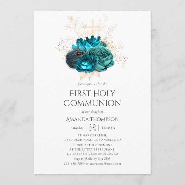 Invitation Turquoise et or Floral Première communion sainte (Devant)