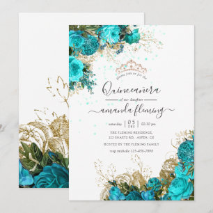 Invitation Turquoise et or floral vintage Quinceañera