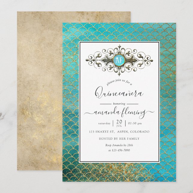 Invitation Turquoise et or Gemstone Sirène Quinceañera (Devant / Derrière)