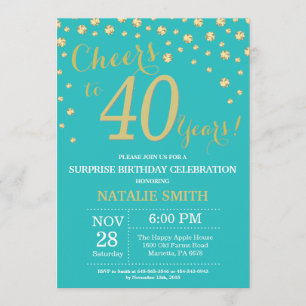 Invitation Turquoise et or Surprise 40e Anniversaire Diamant