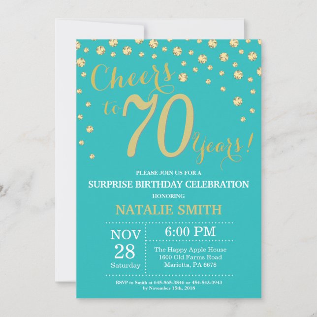 Invitation Turquoise et or Surprise 70e Anniversaire Diamant (Devant)