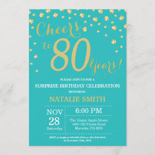 Invitation Turquoise et or Surprise 80e Anniversaire Diamant