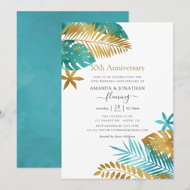 Invitation Turquoise et Or Tropical 50e Anniversaire de Maria (Devant / Derrière)