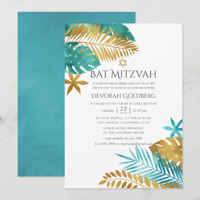 Invitation Turquoise et Or Tropical Beach Bat Mitzvah (Devant / Derrière)