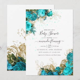 Invitation Turquoise et or vintage shabby floral Baby Shower