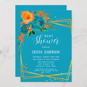 Invitation Turquoise et Orange Florals Baby shower or