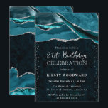 Invitation Turquoise et Paillettes d'Argent Agate 21e Anniver<br><div class="desc">Des couches d'agate sarcelle frappante traversent le design avec des bandes de pierre précieuse naturelles, accentuées par des bords scintillants de paillettes argentées pour une finition glamour. Une typographie élégante combine un serif moderne avec un script manuscrit stylé, créant un look audacieux mais raffiné sur le fond sarcelle profond. Parfait...</div>