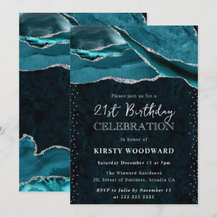 Invitation Turquoise et Paillettes d'Argent Agate 21e Anniver