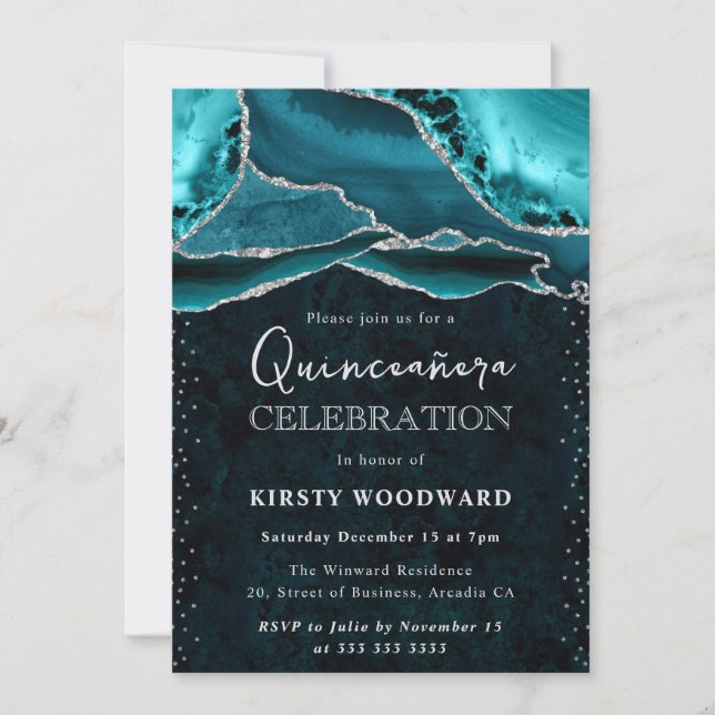 Invitation Turquoise et Paillettes d'Argent Agate Quinceanera (Devant)