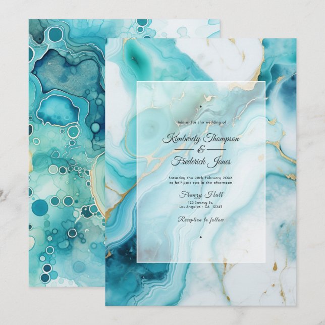 Invitation Turquoise et Patina Agate Mariage (Devant / Derrière)