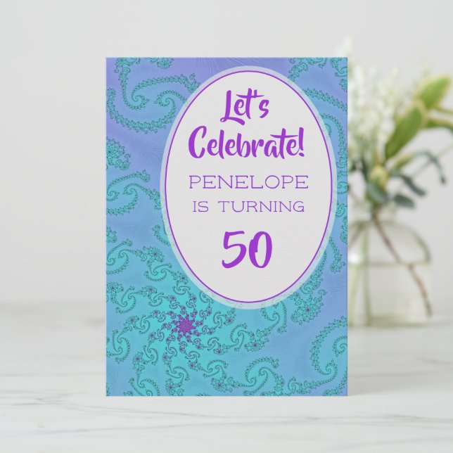 Invitation Turquoise et Plum fractal motif floral 50e anniver (Debout devant)