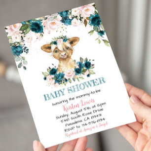 Invitation Turquoise et rose Baby shower de vache Floral High
