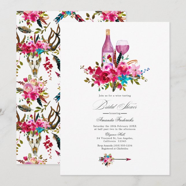 Invitation Turquoise et Rose Boho Chic Fête de Mariage au Vin (Devant / Derrière)
