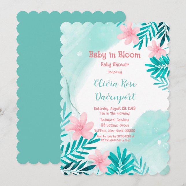 Invitation Turquoise et rose Floral Baby in Bloom Baby shower (Devant / Derrière)