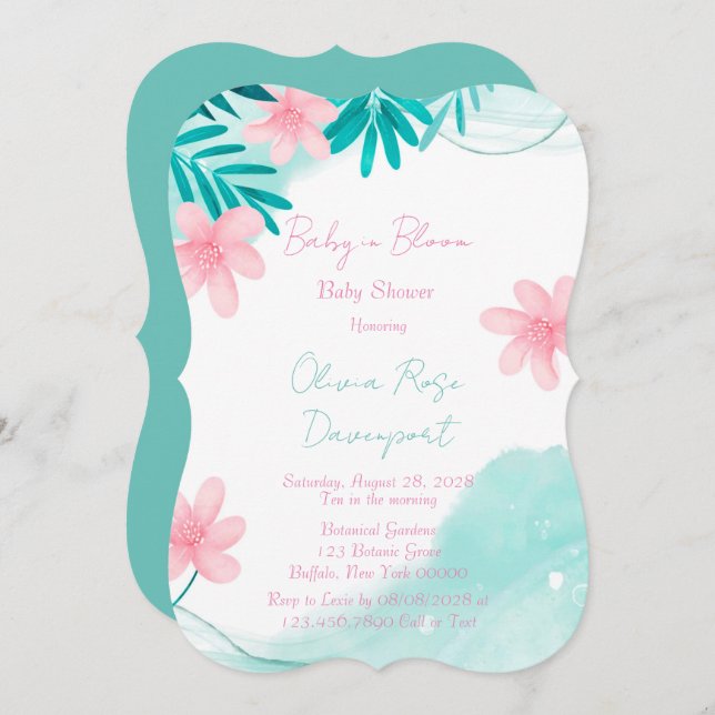 Invitation Turquoise et rose Floral Baby in Bloom Baby shower (Devant / Derrière)