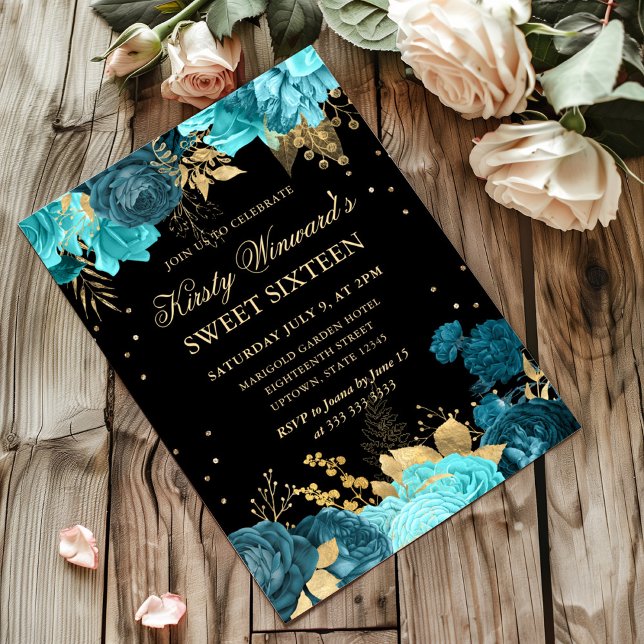 Invitation Turquoise et Roses Dorées Fleurs Douze Ans (Créateur téléchargé)
