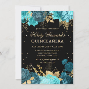 Invitation Turquoise et Roses dorées Floral Quinceanera