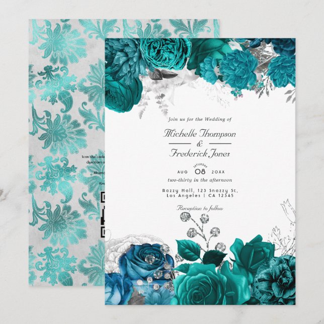 Invitation Turquoise et Silver Floral Mariage QR Code Rsvp (Devant / Derrière)
