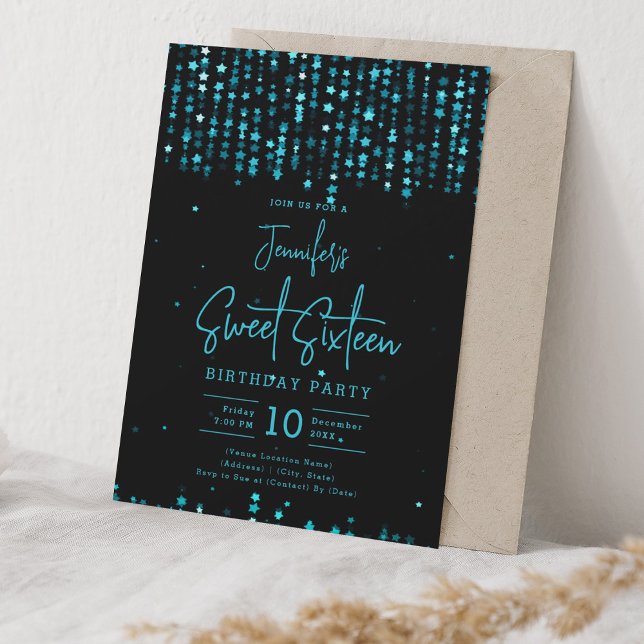 Invitation Turquoise Falling Stars Sweet 16 Anniversaire (Turquoise Falling Stars Sweet 16 Birthday Party Invitation)