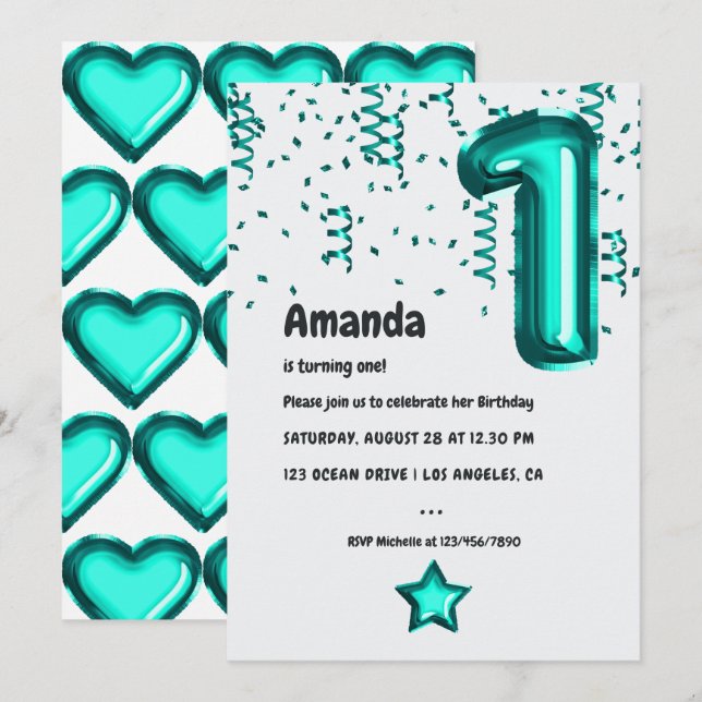 Invitation Turquoise Faux Foil Balloon 1er anniversaire (Devant / Derrière)