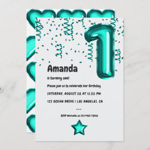 Invitation Turquoise Faux Foil Balloon 1er anniversaire