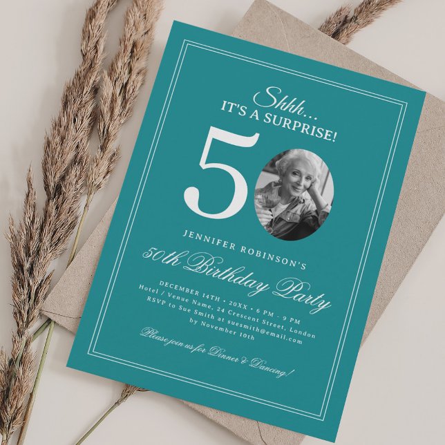 Invitation Turquoise | Fête d'anniversaire surprise 50 ans (Turquoise | Surprise 50th Birthday Party Invitation)