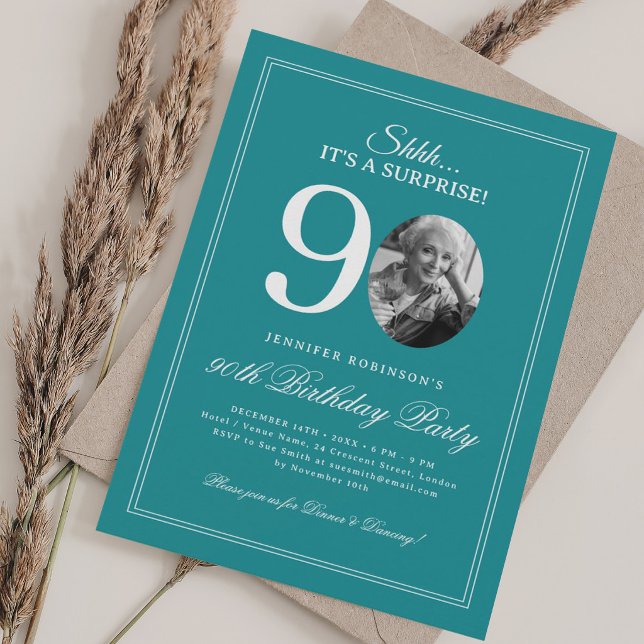 Invitation Turquoise | Fête surprise pour 90 ans (Turquoise | Surprise 90th Birthday Party Invitation)