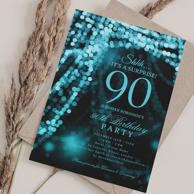Invitation Turquoise | Fête surprise pour 90ème anniversaire  (Turquoise | Surprise 90th Birthday Party Invitation)