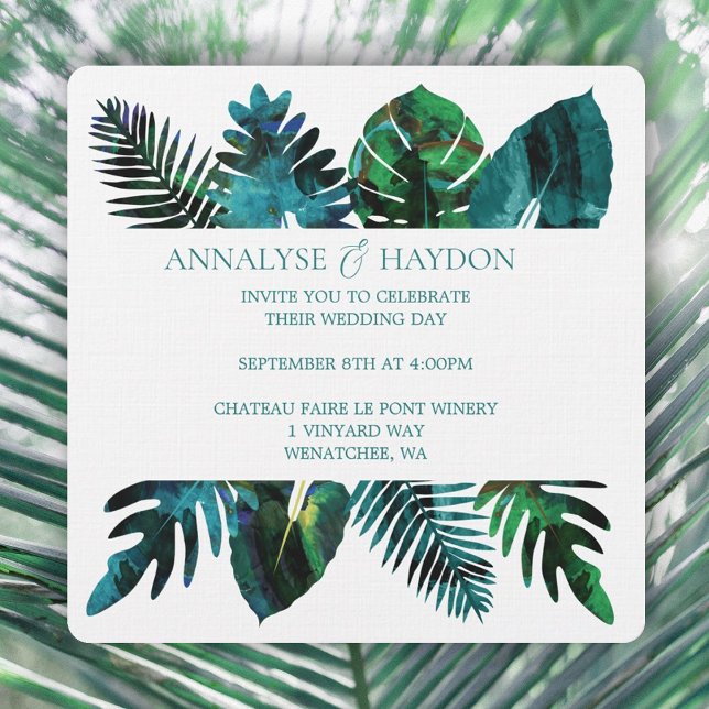 Invitation Turquoise Feuille verte  Monstera Mariage Feuille (tropical teal green island leaves wedding invitations, vibrant monstera leaves, ferns, & palm leaves)