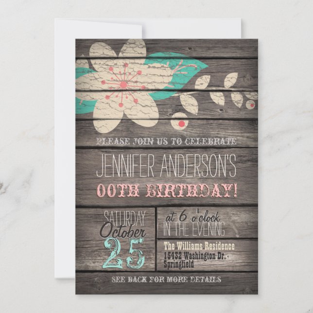 Invitation Turquoise, Fleur rose, Ado adulte rustique Anniver (Devant)