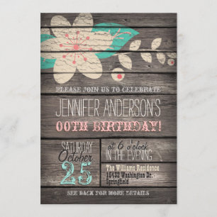 Invitation Turquoise, Fleur rose, Ado adulte rustique Anniver