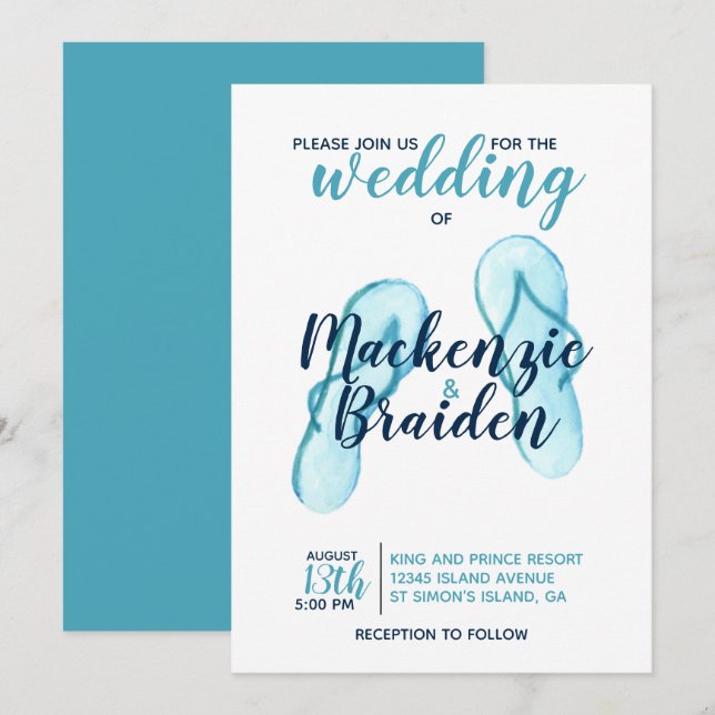 Invitation Turquoise Flip Flops Beach Wedding (Devant / Derrière)