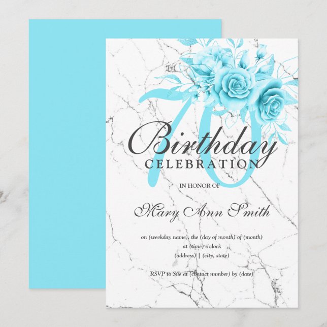 Invitation Turquoise Floral 70e Anniversaire Marbre de fête (Devant / Derrière)