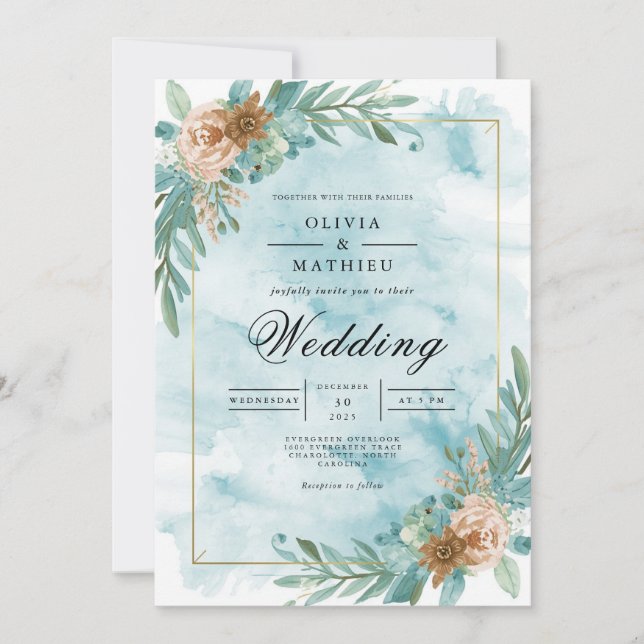 Invitation Turquoise Floral Accent Mariage romantique (Devant)