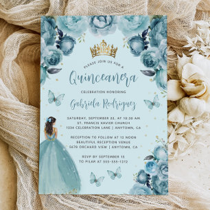 Invitation Turquoise Floral Aquarelle Princess Quinceañera