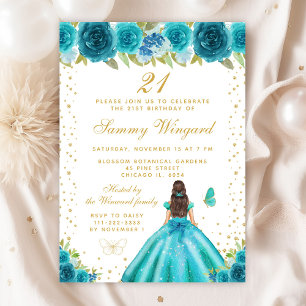 Invitation Turquoise Floral Brunette Hair Princesse Anniversa
