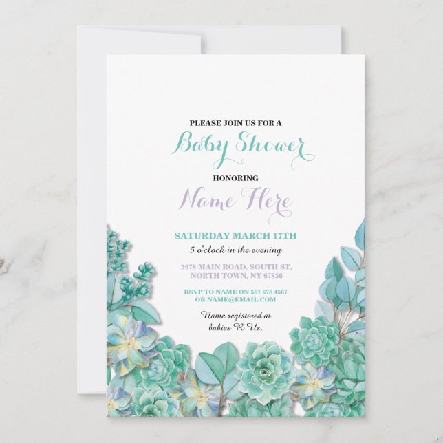 Invitation turquoise floral de Succulents de (Devant)