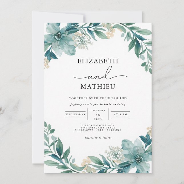 Invitation Turquoise Floral Lush Mariage (Devant)