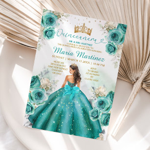 Invitation Turquoise Floral Princess Gold Crown Quiñceanera
