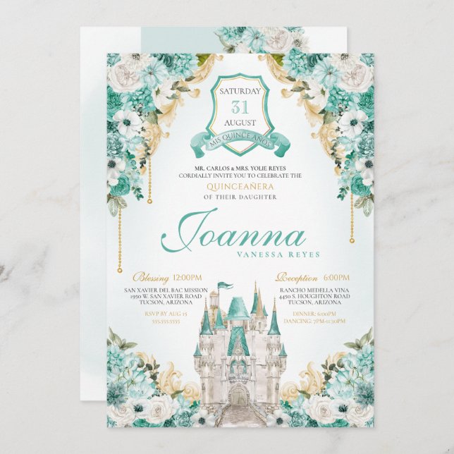 Invitation Turquoise Floral Royal Castle Princesse Quinceaner (Devant / Derrière)