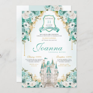 Invitation Turquoise Floral Royal Castle Princesse Quinceaner