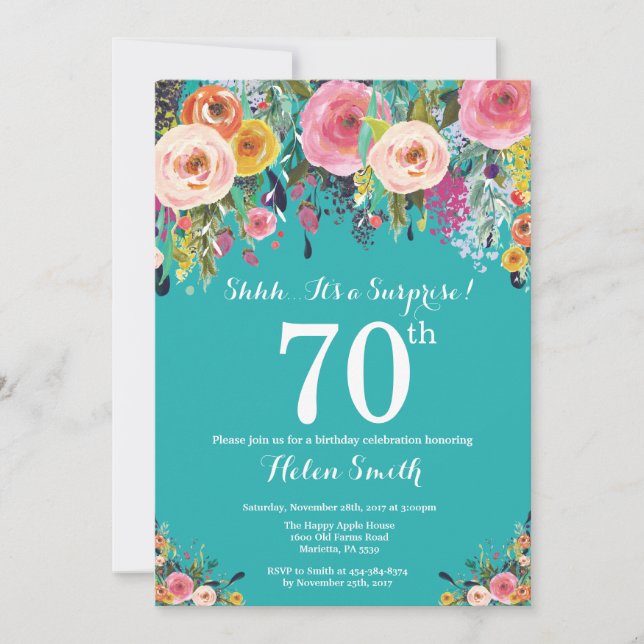 Invitation Turquoise Floral Surprise 70e anniversaire Invitat (Devant)